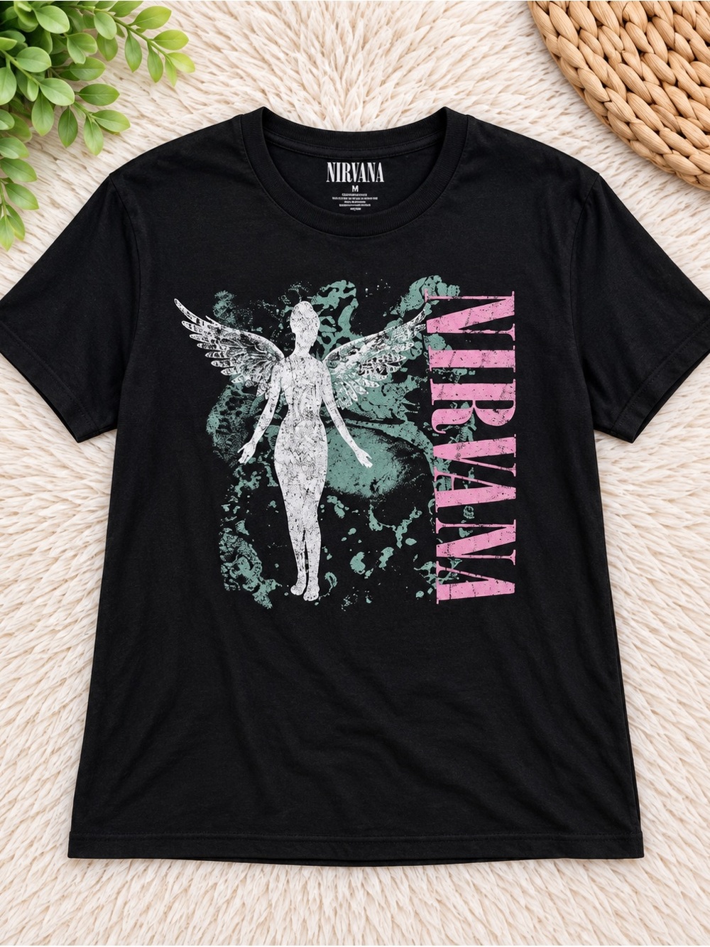 NIRVANA Black Tee with White Angel and Pink Logo o